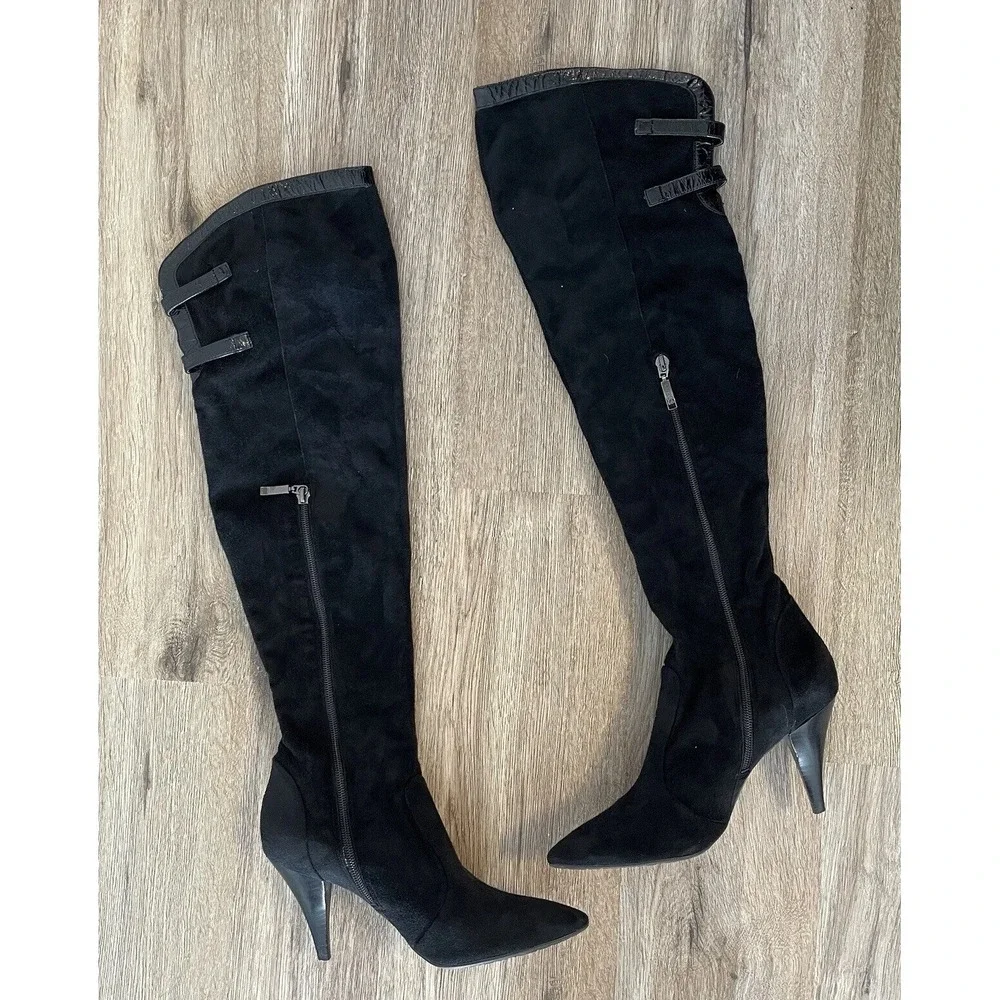 Guess Funke‎ Black Suede Thigh High Heeled Boots Pointed Toe Buckle Detail 7.5